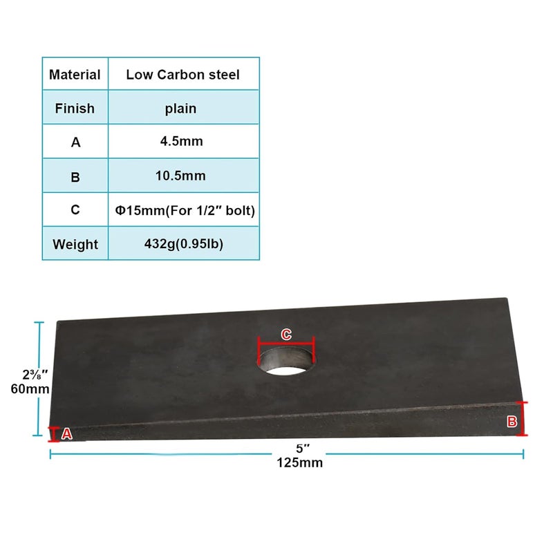 eoere 4 PCS 3 Degree Pinion Angle Metal Shim Beveled Washers, Suspension Leaf Spring Shim Kit, Underpinning Wedges, Tapered Wedges, Size: 5" x 2-3/8" - Image 2